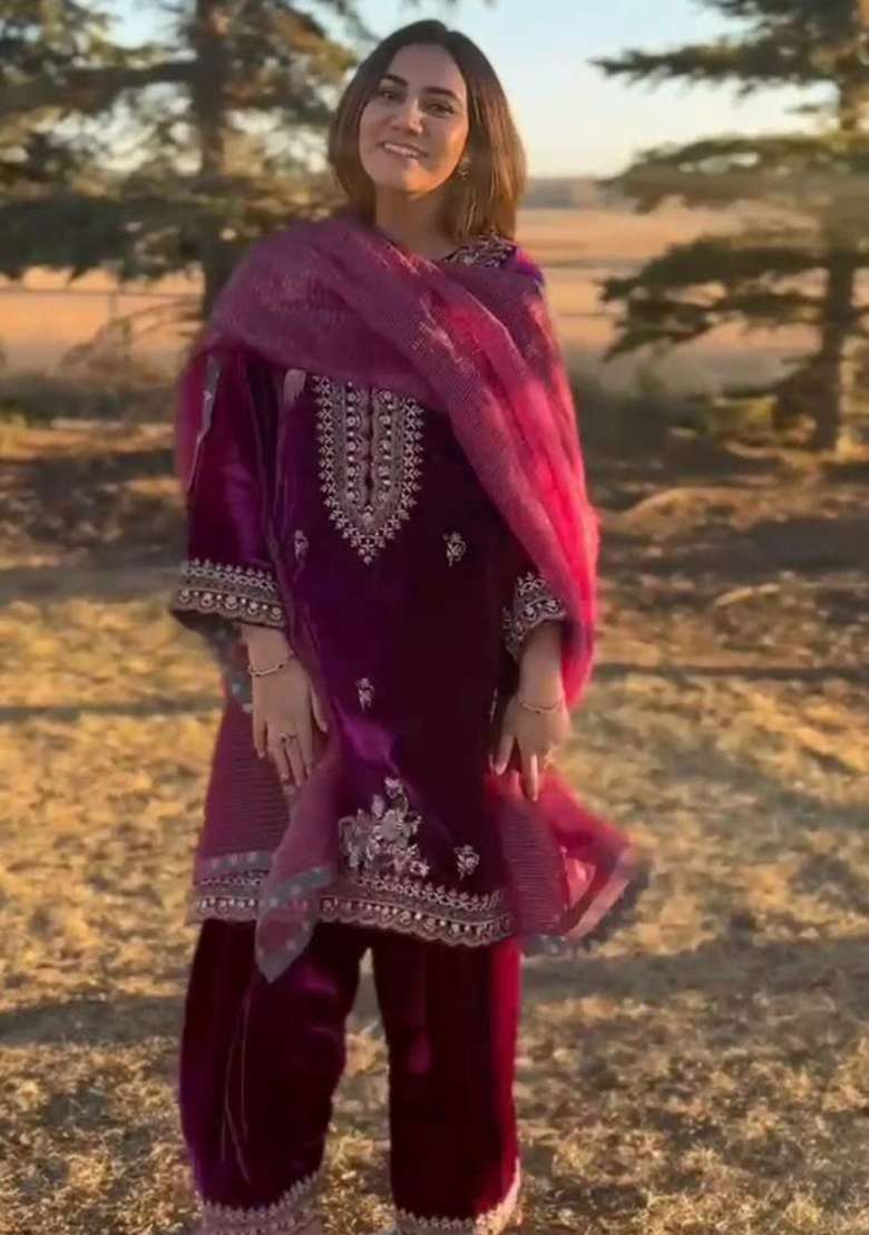 Purple Embroidered Velvet Punjabi Suit - Indya
