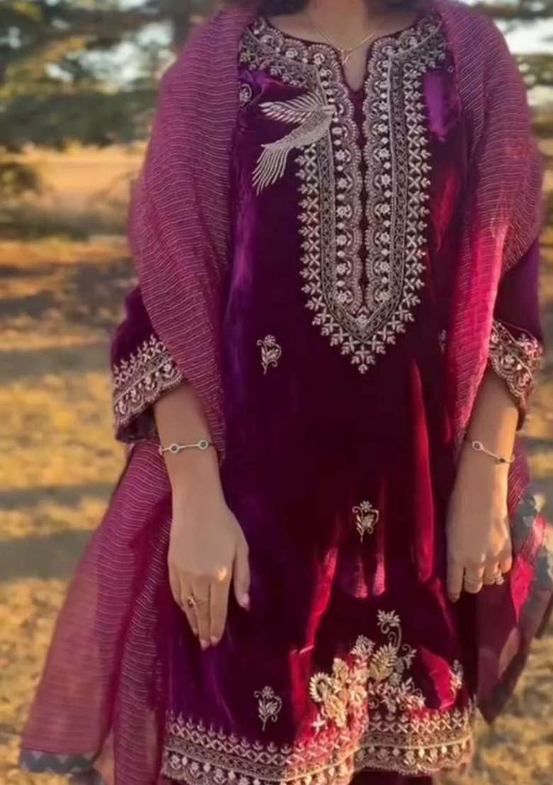 Purple Embroidered Velvet Punjabi Suit - Indya