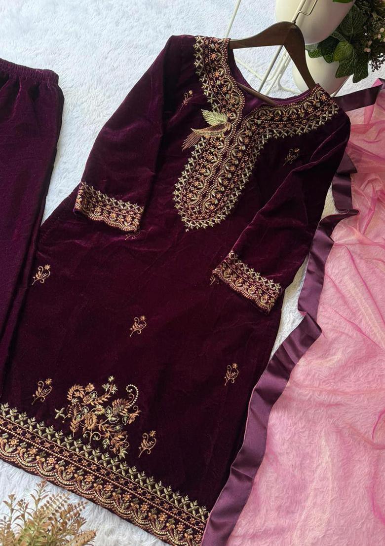 Purple Embroidery Velvet Kurta Set - Indya