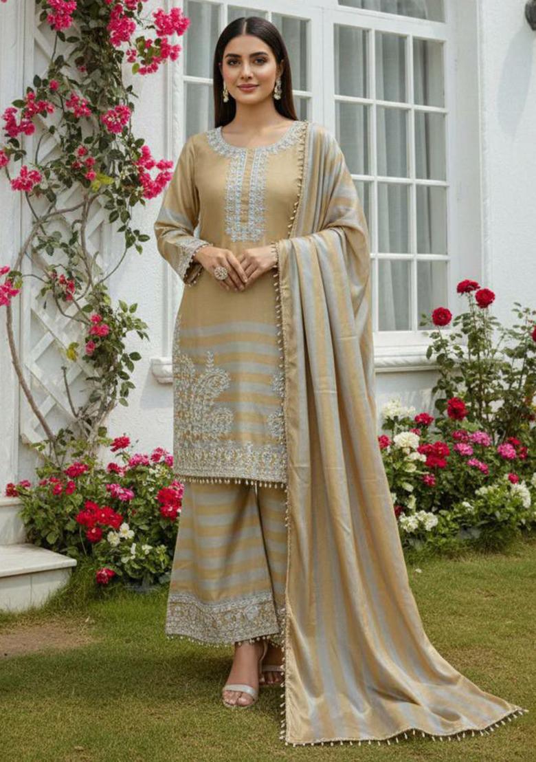 Gold Embroidery Silk Kurta Set - Indya