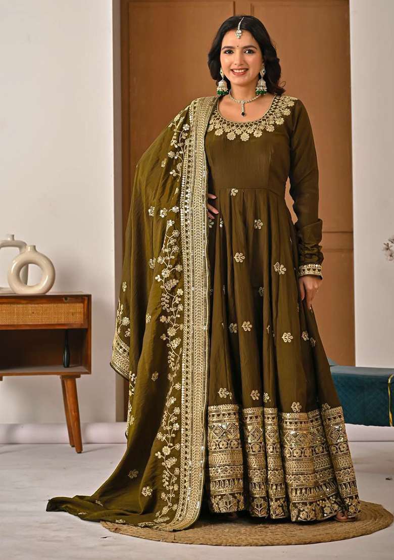 Green Embroidered Silk Blend Anarkali Set - Indya