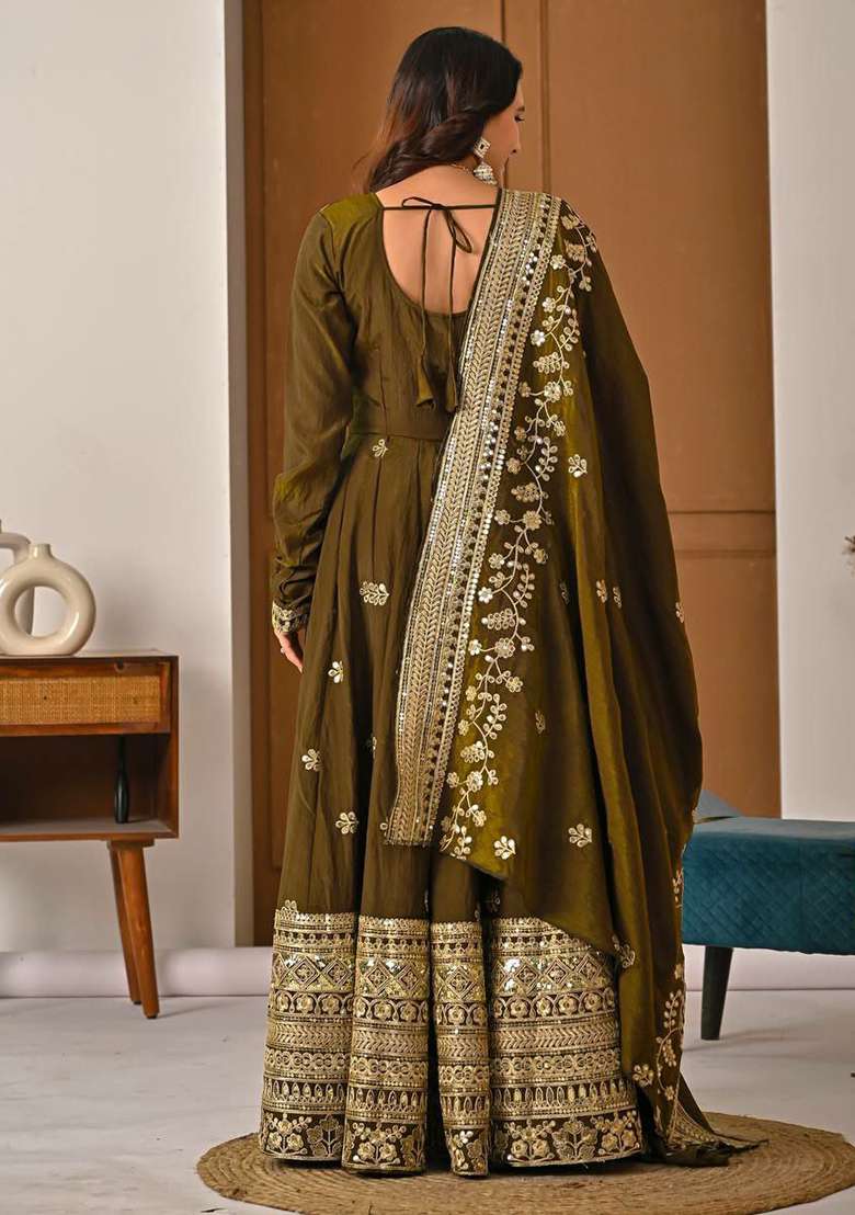 Green Embroidered Silk Blend Anarkali Set - Indya