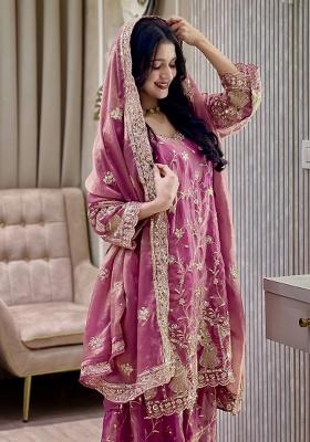 Purple Embroidery Blended Kurta Set