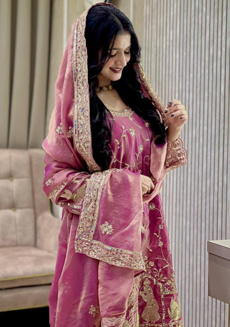 Purple Embroidery Blended Kurta Set - Indya