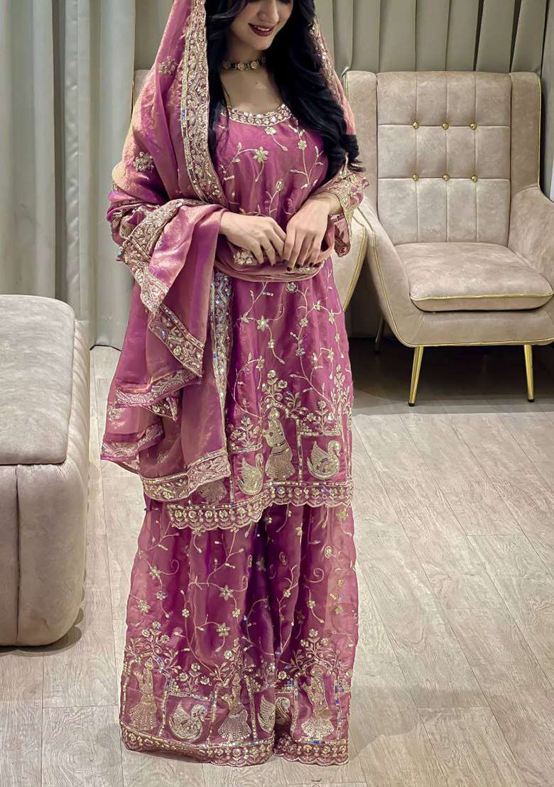 Purple Embroidered Blended Sharara Set - Indya