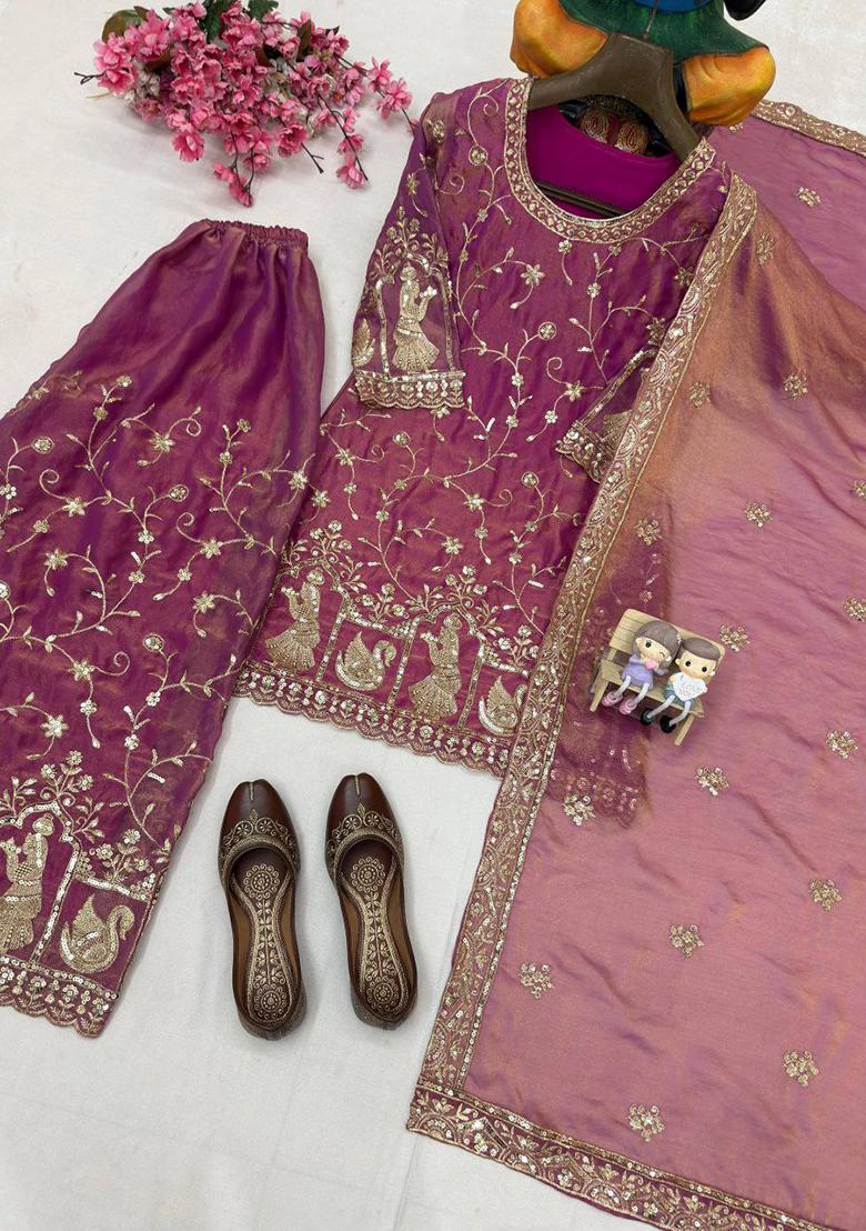 Purple Embroidery Blended Kurta Set - Indya