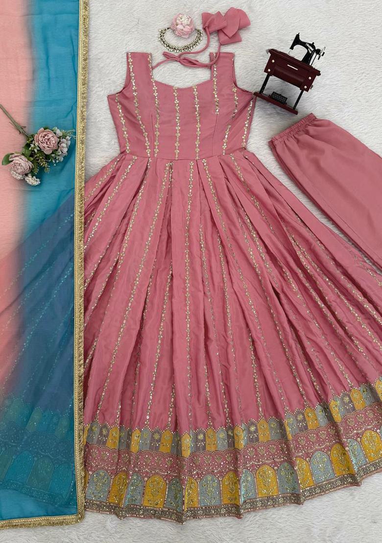 Pink Embroidery Silk Kurta Set - Indya