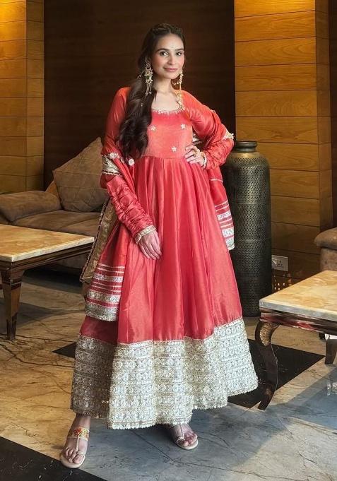 Orange Embroidery Silk Kurta Set