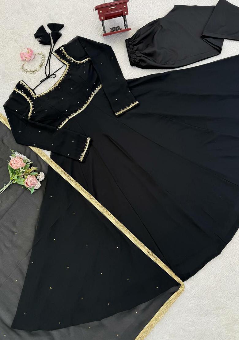 Black Embroidery Georgette Kurta Set - Indya