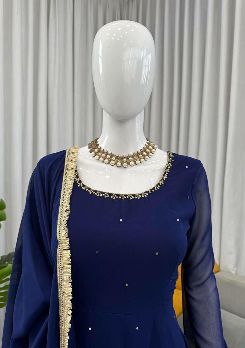 Dark Blue Embroidery Georgette Kurta Set - Indya