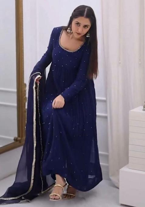 Dark Blue Embroidery Georgette Kurta Set