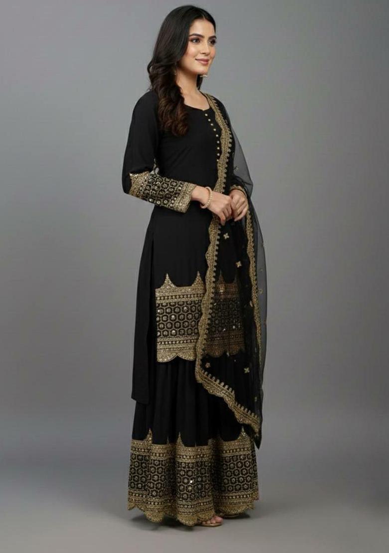 Black Embroidery Georgette Kurta Set - Indya