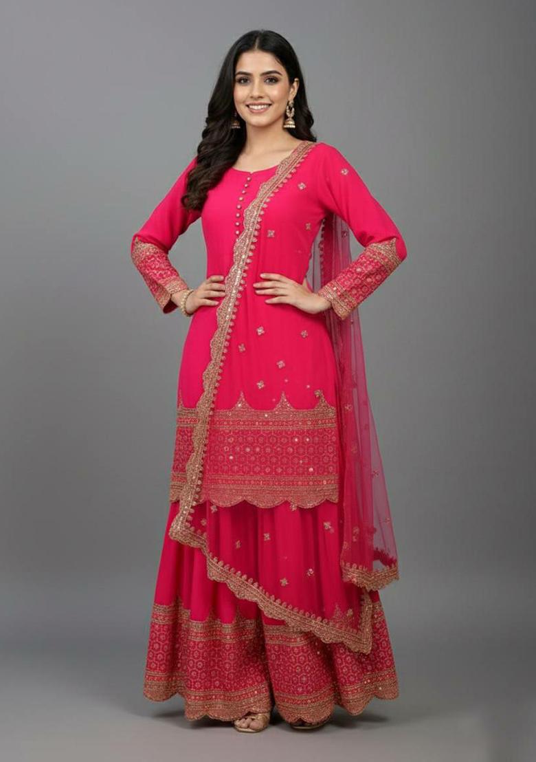 Red Embroidery Georgette Kurta Set - Indya