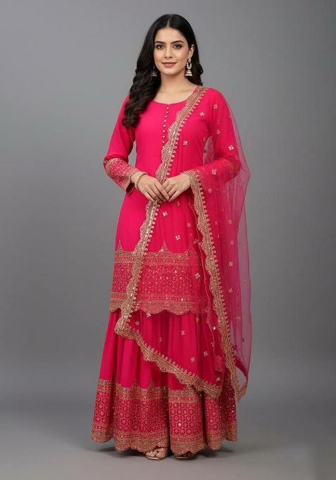 Red Embroidered Georgette Sharara Set
