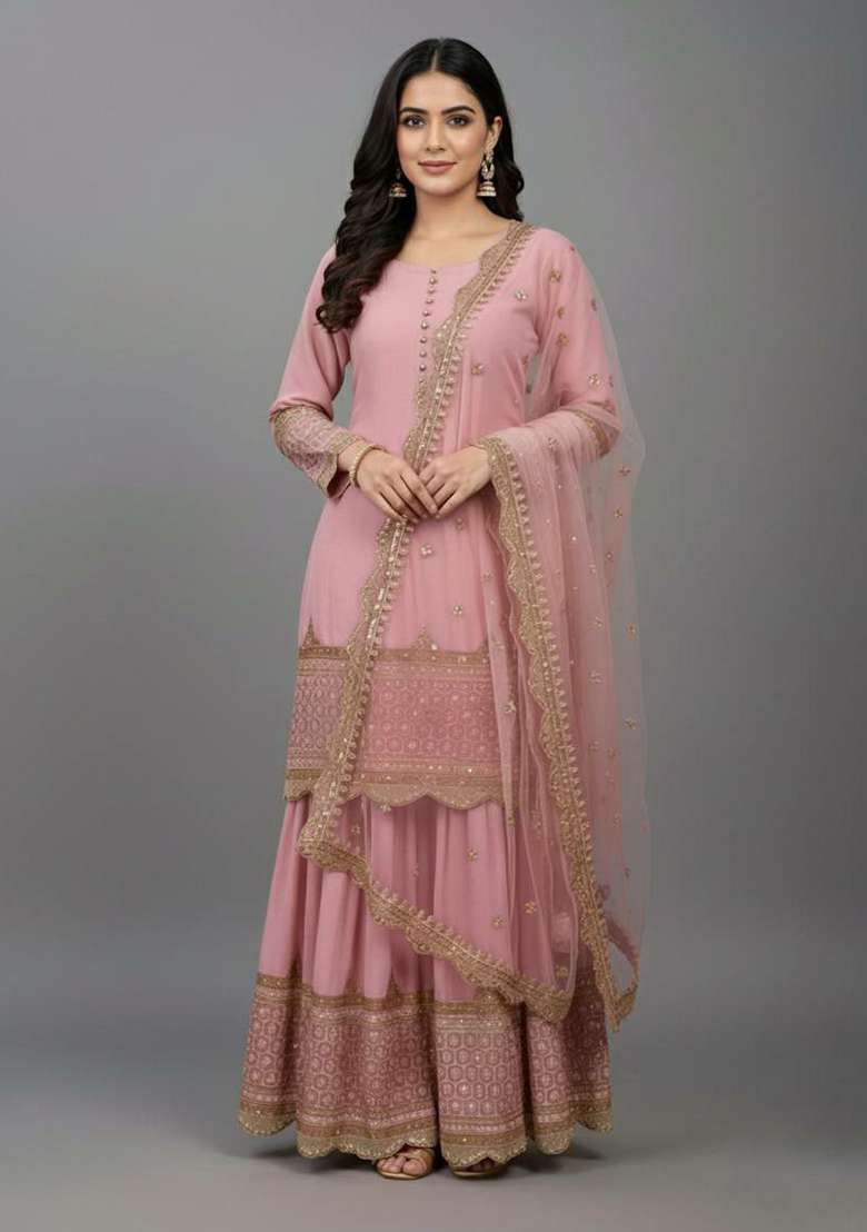 Pink Embroidered Georgette Sharara Set - Indya
