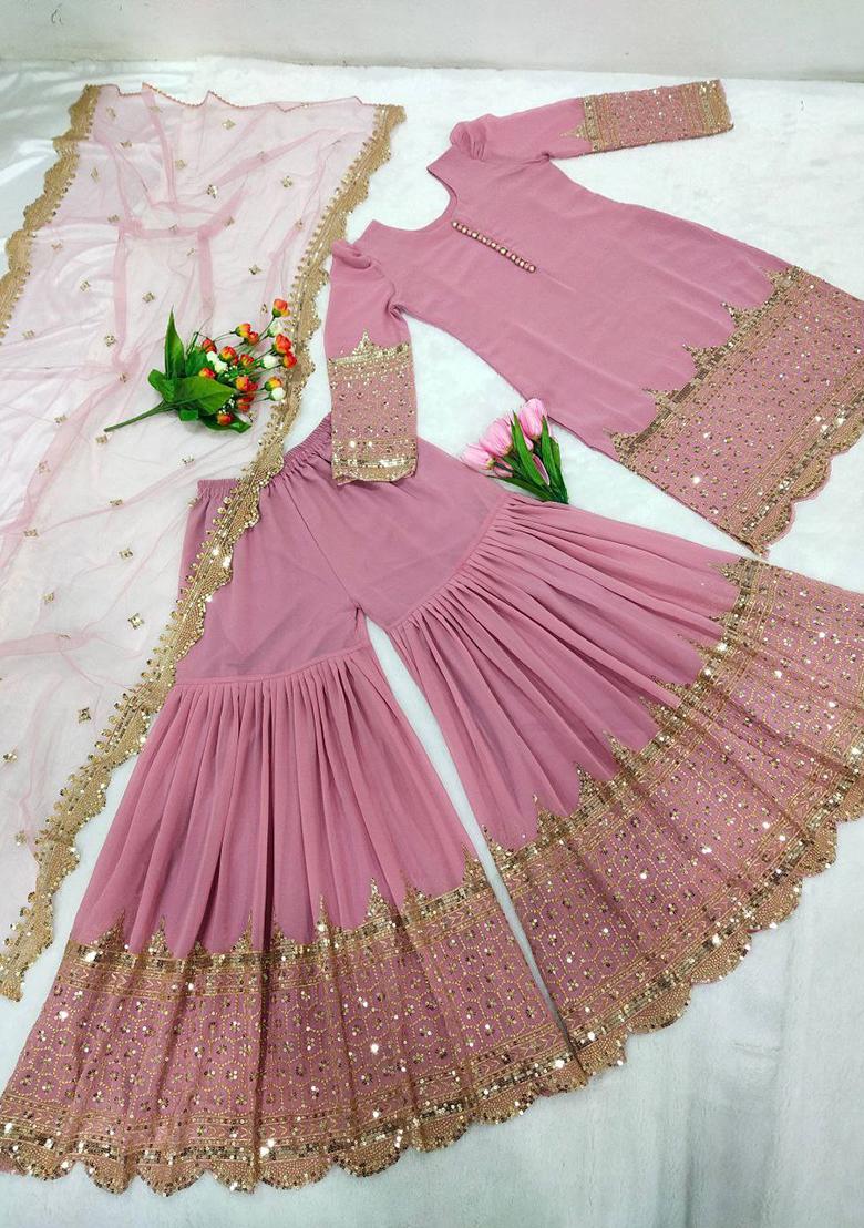 Pink Embroidery Georgette Kurta Set - Indya