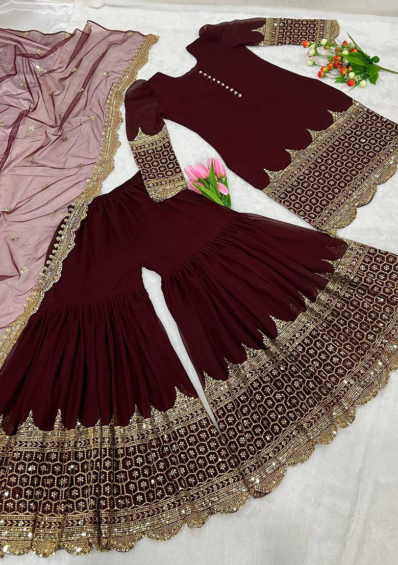 Maroon Embroidery Georgette Kurta Set - Indya