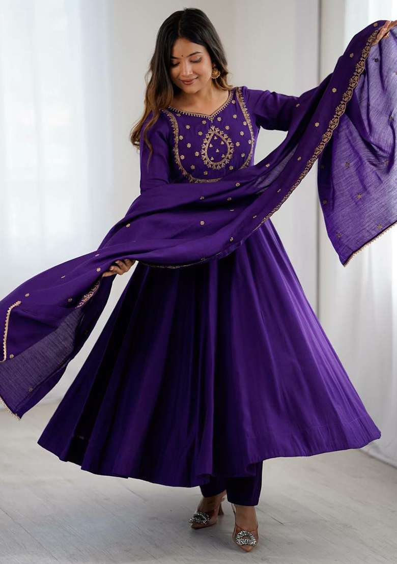 Purple Embroidered Silk Blend Anarkali Set - Indya