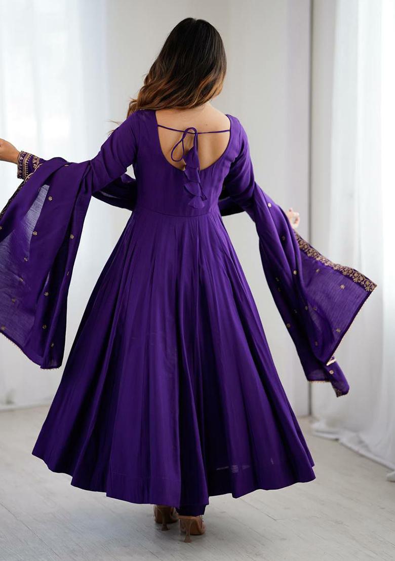 Purple Embroidery Silk Kurta Set - Indya