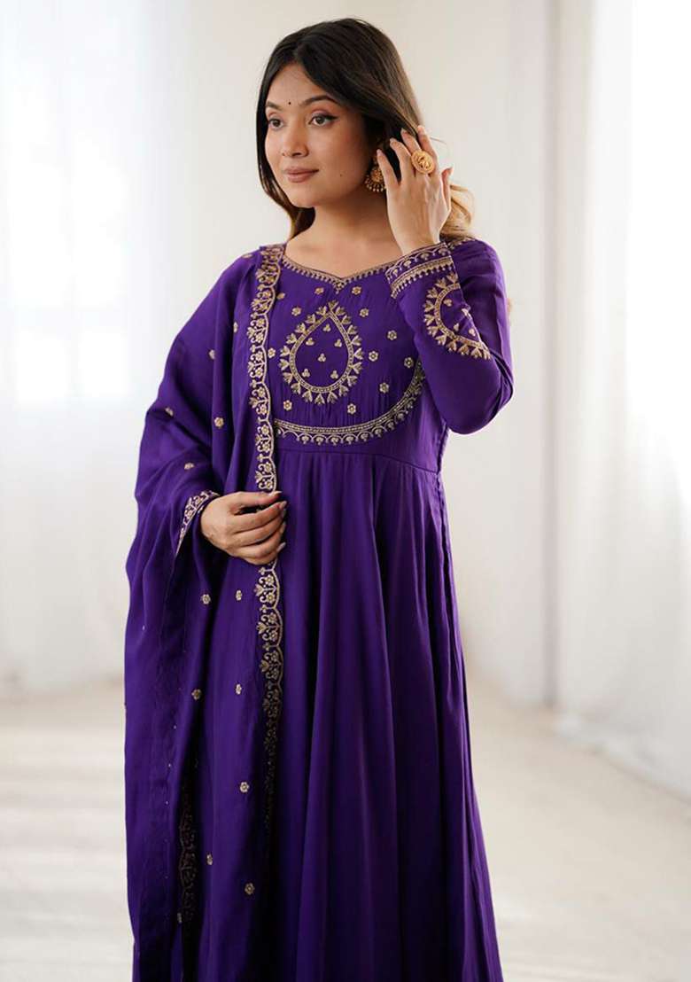Purple Embroidered Silk Blend Anarkali Set - Indya
