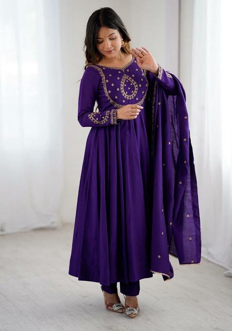 Purple Embroidered Silk Blend Anarkali Set
