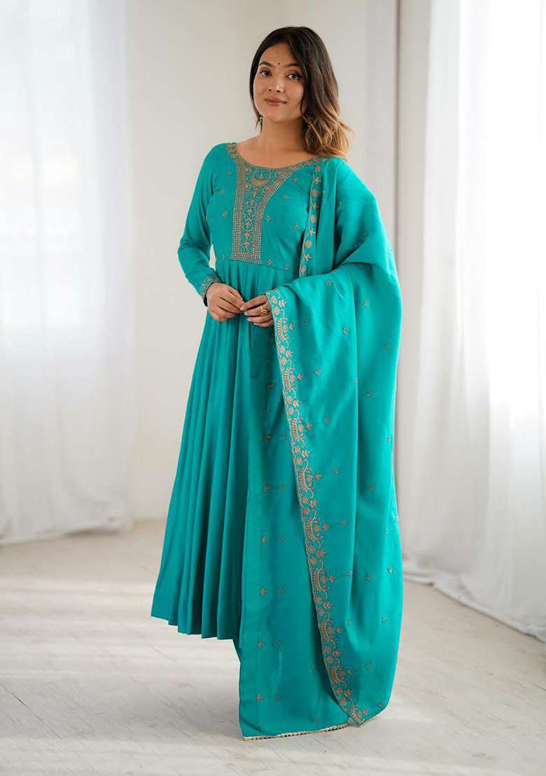 Rama Embroidered Silk Blend Anarkali Set - Indya