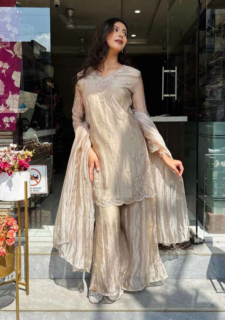 Brown Embroidered Silk Blend Sharara Set - Indya