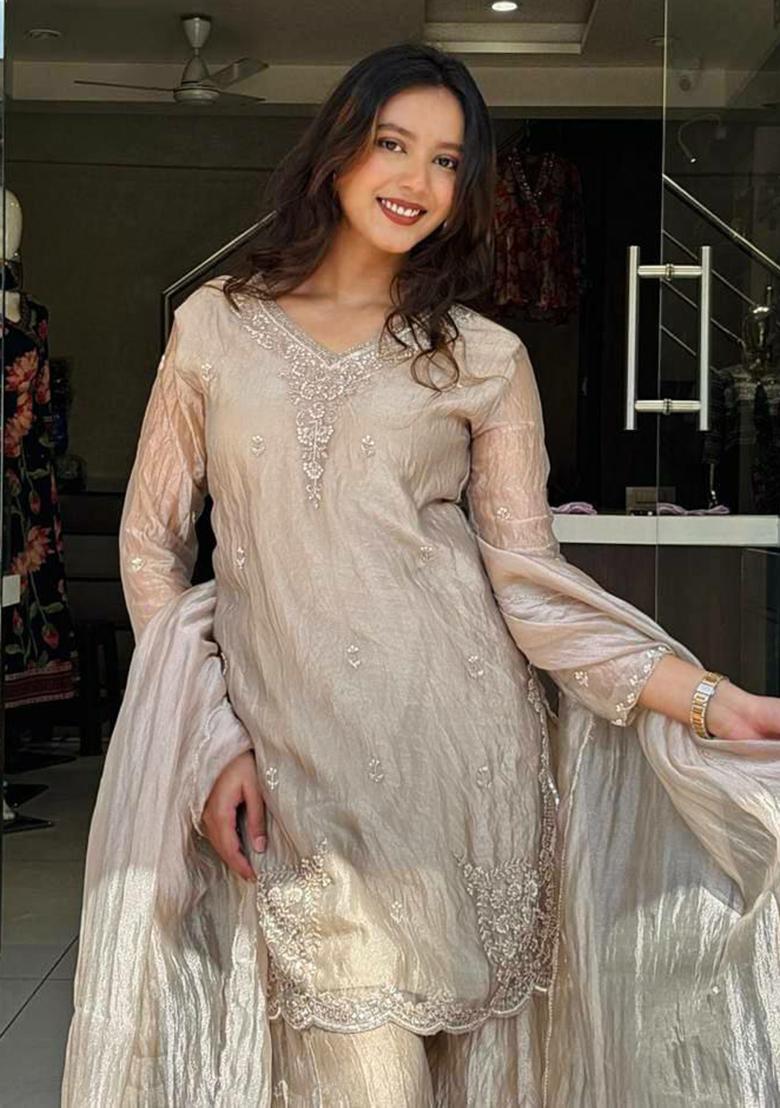 Brown Embroidery Silk Kurta Set - Indya