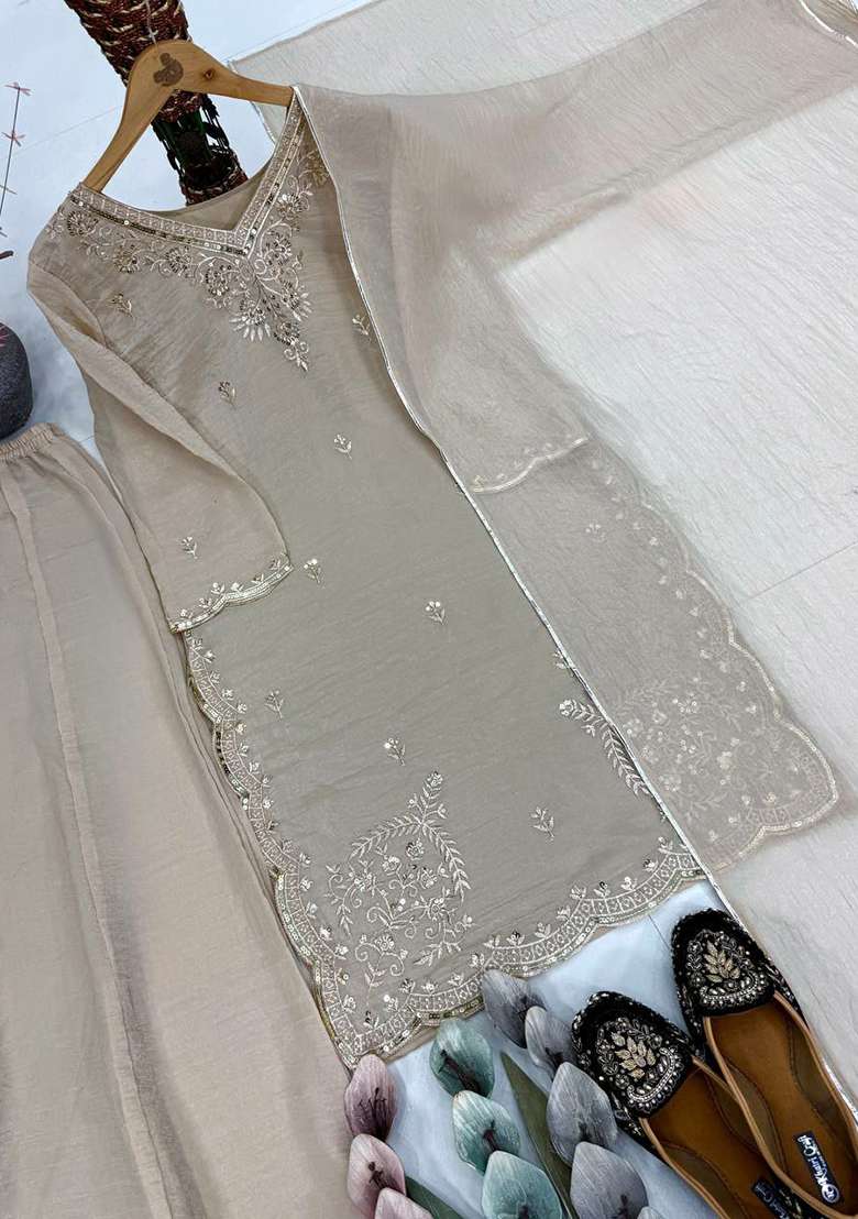 Brown Embroidered Silk Blend Sharara Set - Indya