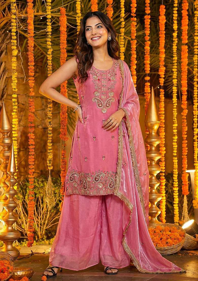 Pink Embroidered Silk Blend Sharara Set - Indya