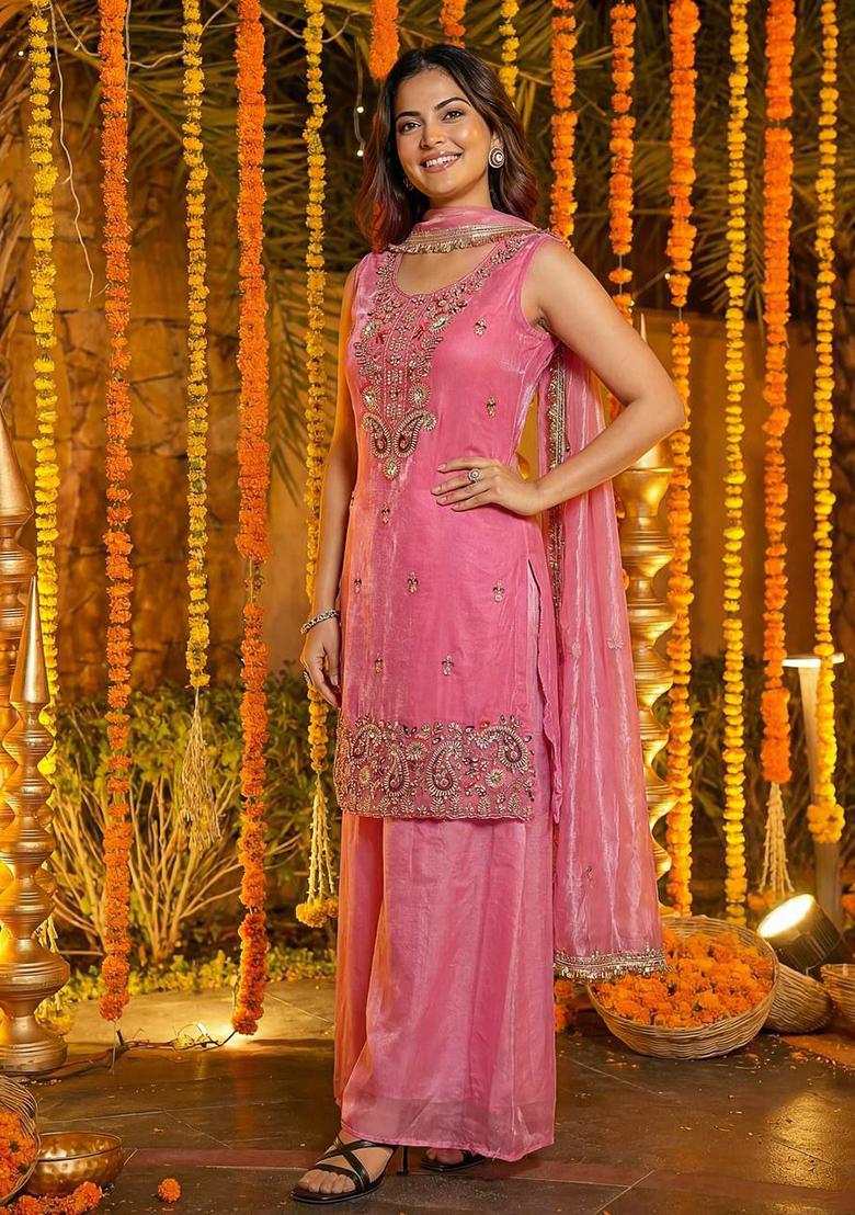 Pink Embroidery Silk Kurta Set - Indya