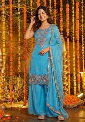 Blue Embroidery Silk Kurta Set