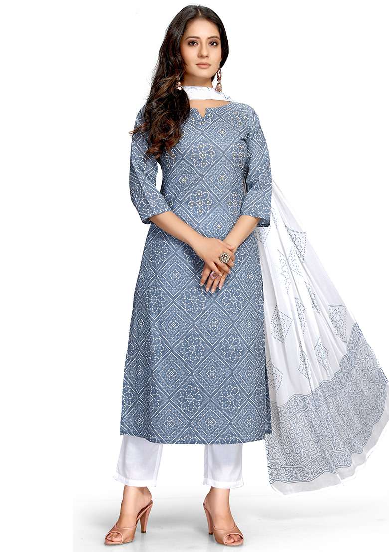 Grey And White Printed Cotton Straight Kurta Set - Indya