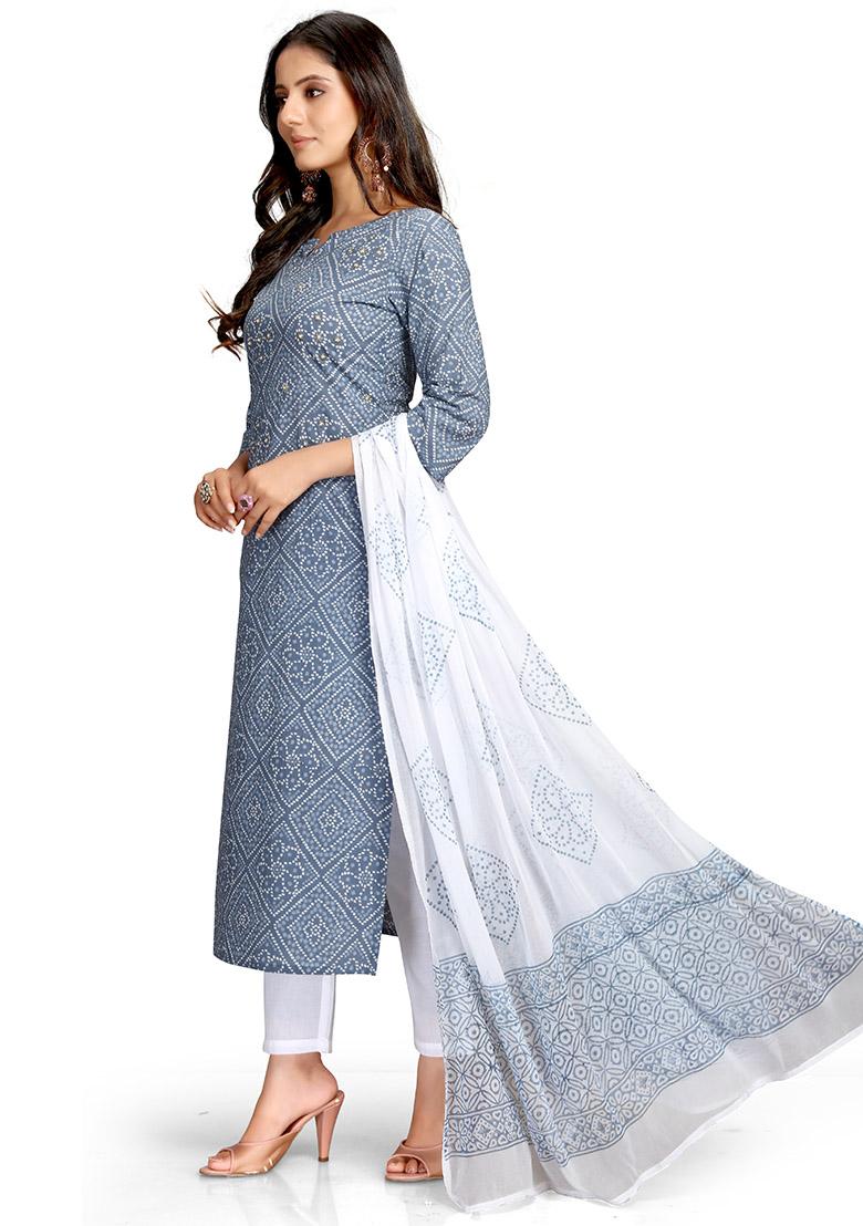 Grey And White Embroidered Cotton Kurta Set - Indya