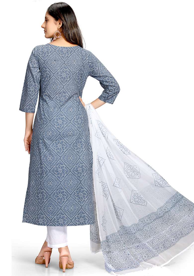 Grey And White Printed Cotton Straight Kurta Set - Indya
