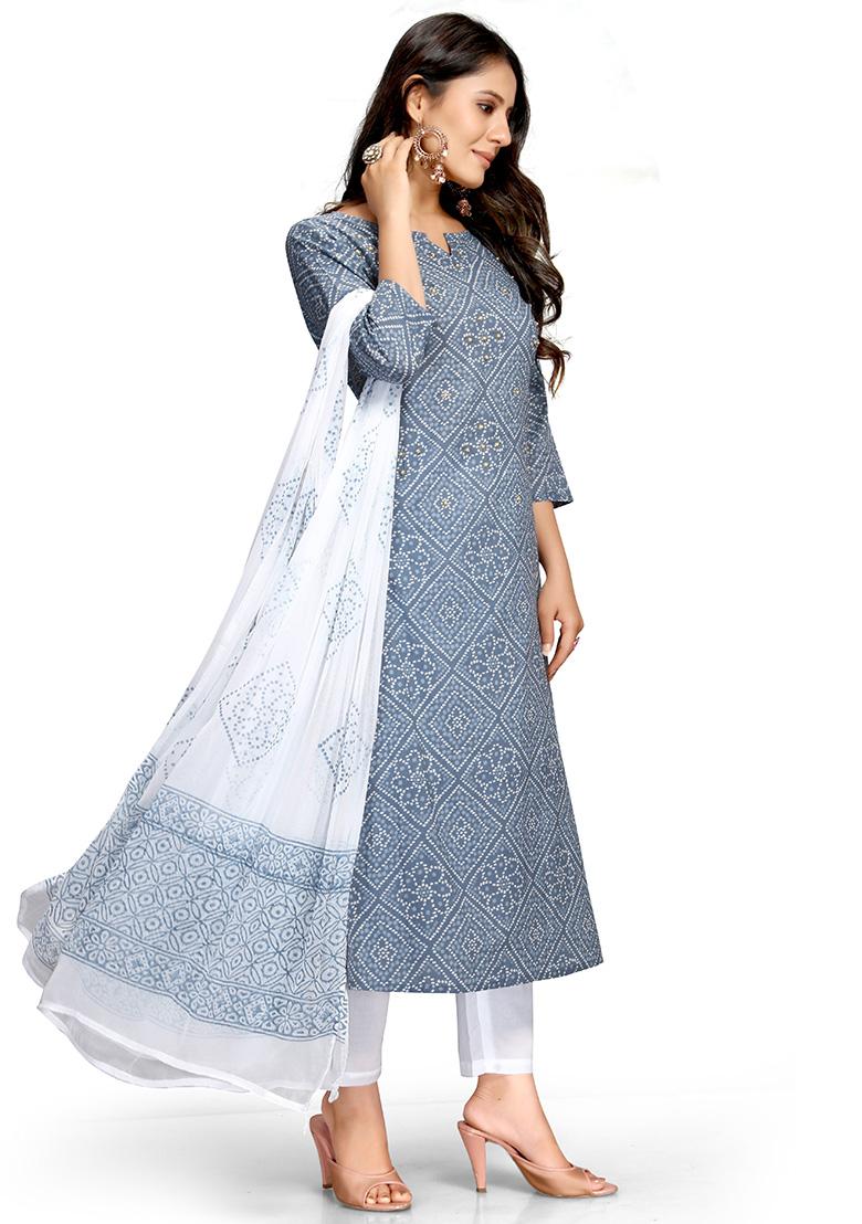 Grey And White Embroidered Cotton Kurta Set - Indya