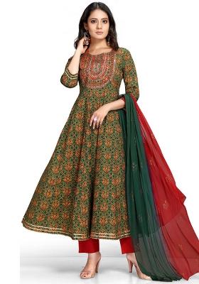 Green And Red Embroidered Cotton Kurta Set