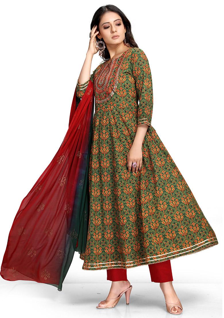 Green And Red Embroidered Cotton Kurta Set - Indya
