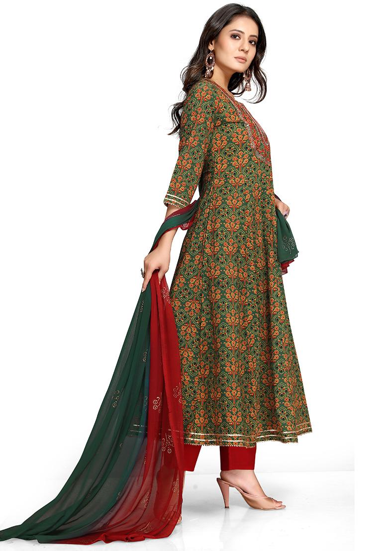 Green And Red Embroidered Cotton Kurta Set - Indya