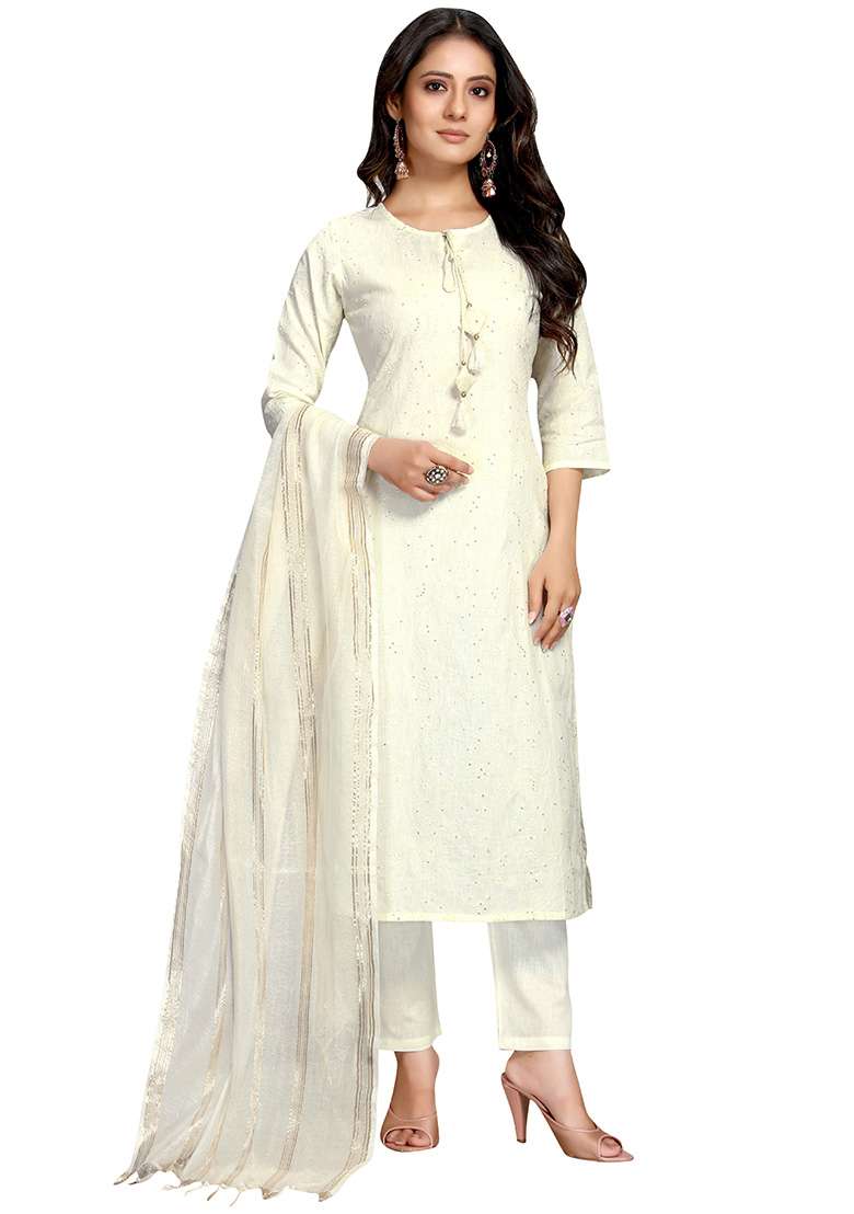 Off-White Chikankari Cotton Straight Kurta Set - Indya
