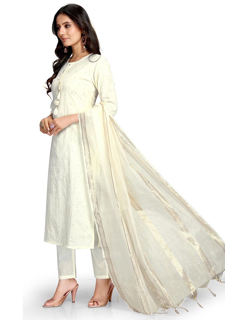 Off-White Embroidered Cotton Kurta Set - Indya