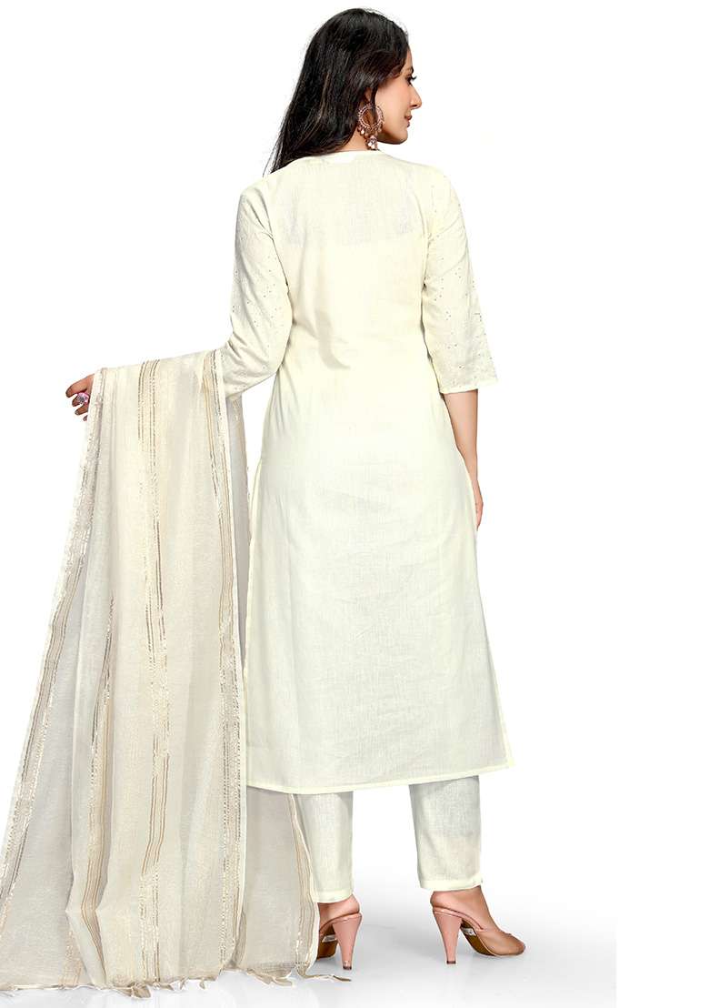 Off-White Chikankari Cotton Straight Kurta Set - Indya