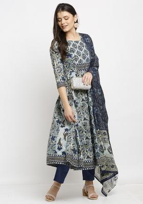 Blue Printed Cotton Kurta Set