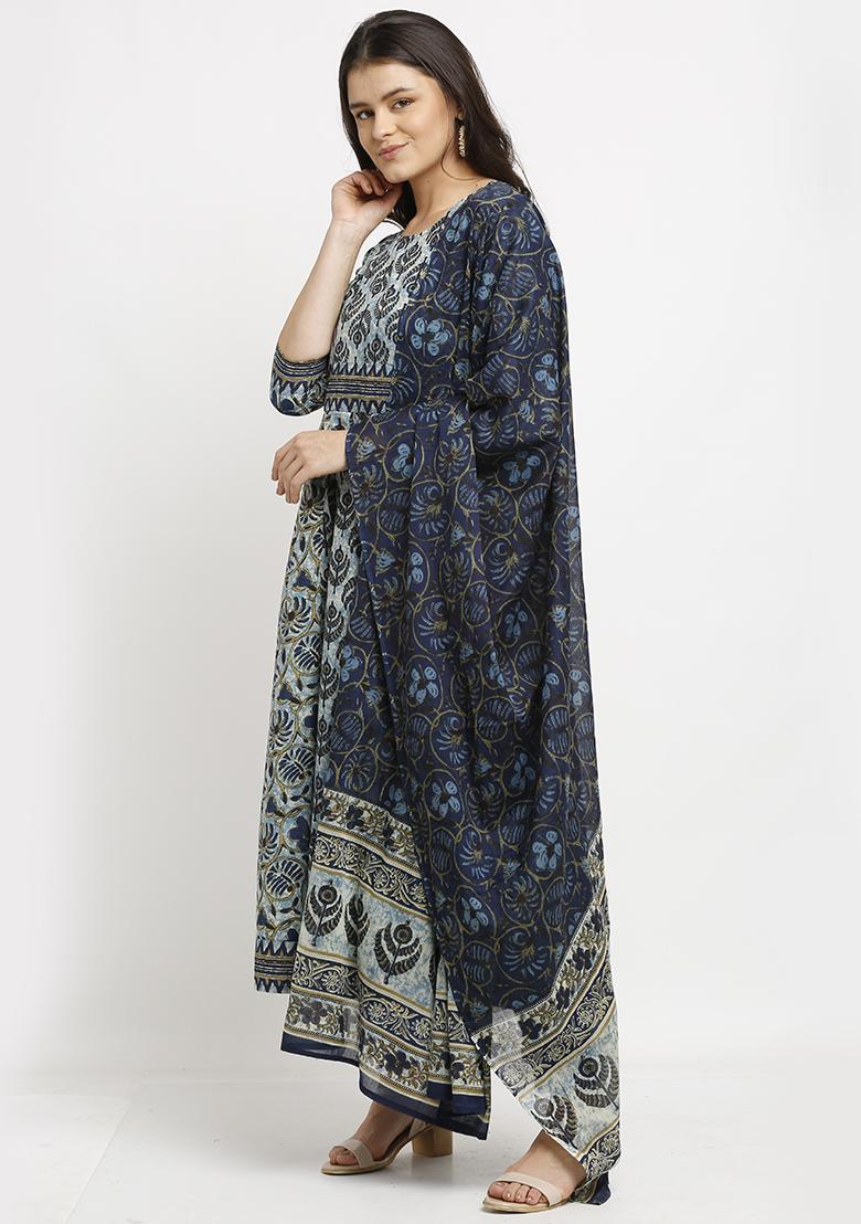 Blue Printed Cotton Kurta Set - Indya