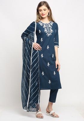 Navy Blue Embroidered Cotton Kurta Set