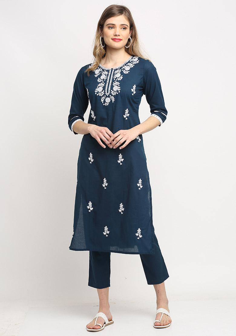 Navy Blue Embroidered Cotton Kurta Set - Indya