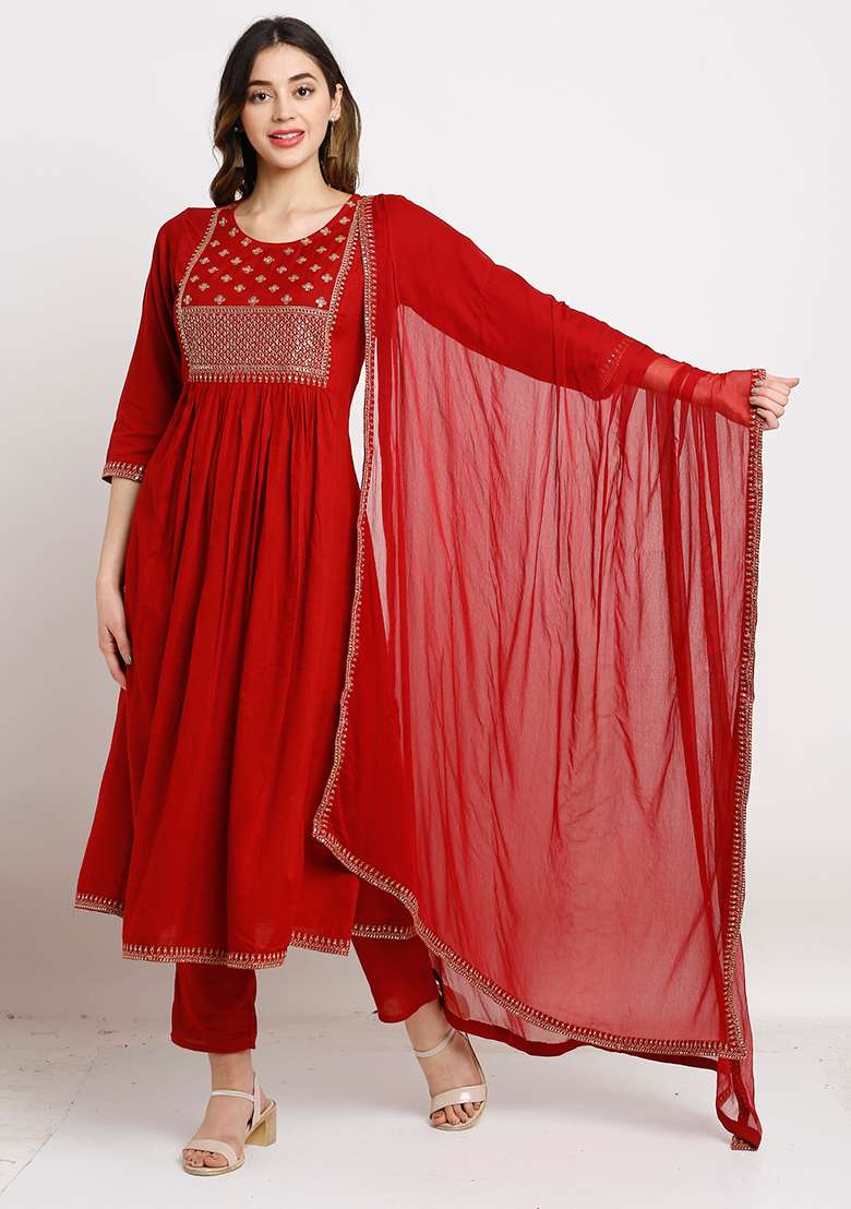 Maroon Embroidered Rayon A Line Kurta Set - Indya