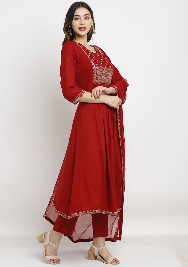 Maroon Embroidered Rayon Kurta Set - Indya