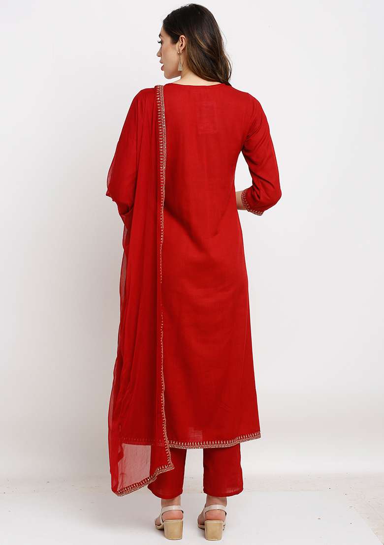 Maroon Embroidered Rayon A Line Kurta Set - Indya
