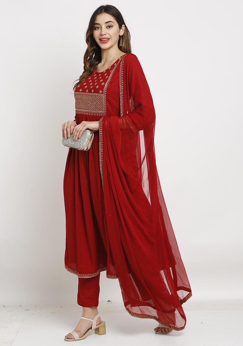 Maroon Embroidered Rayon Kurta Set - Indya